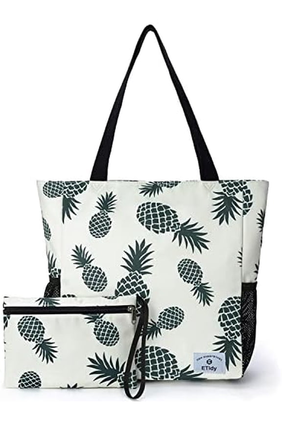 Large Capacity Foldable Tote Bag With Zipper Water-resistant SandproofWomen Beach Bag Handbag GymBag Travel ShoppingBag Green Pineapple