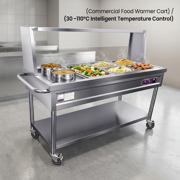 Large Capacity Food Warmer Cart, Silver Commercial Steam Station, 1800W, 5 Pans 2 Pots, With Wheels for Catering, Event Use
