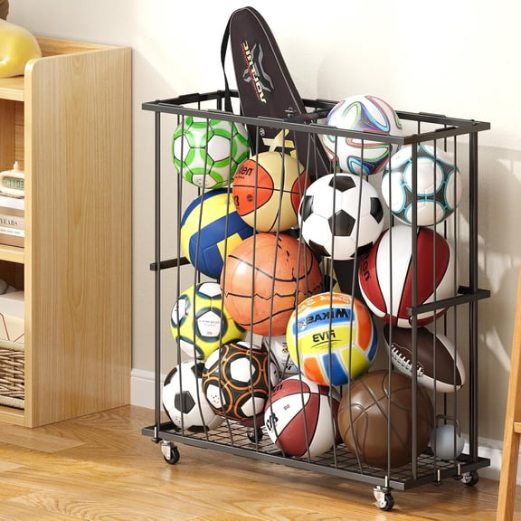 Large Capacity Garage Ball Storage- [Hold 16-20 Balls]: Rolling Sports Equipment Organizer Cart with Elastic Rope, Ball Rack with Wheels for Basketball, Soccer, Football, Indoor/Outdoor, Black