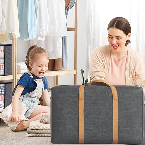 Large Capacity Gray Storage Bag with Extended Handles | Heavy Duty Cloth Organizer for Clothes, Bedding, Quilts, Blankets | Foldable Waterproof Zipper Tote | 29.5x19.7x9.8in | Multi-Use Closet