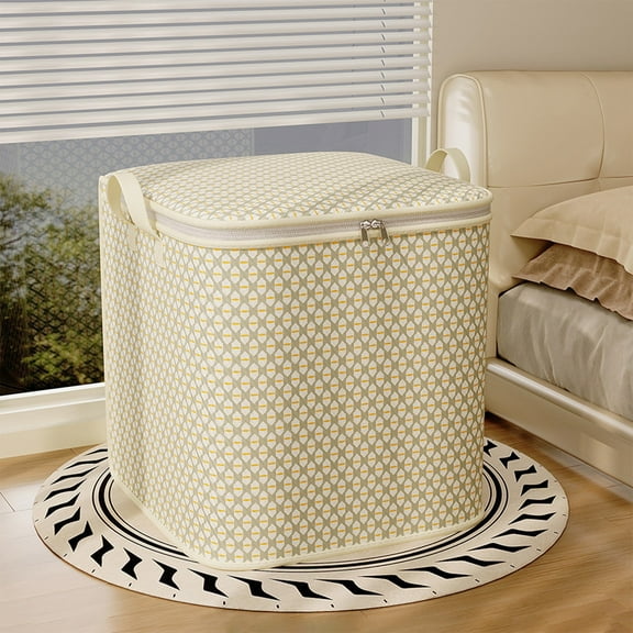 Large Capacity Grid Pattern Clothes Quilt Storage Bag with Dual Carry Handles, Zippered Dustproof Foldable Organizer Bin for Seasonal Bedding Blankets Wardrobe Closet Space Saving L