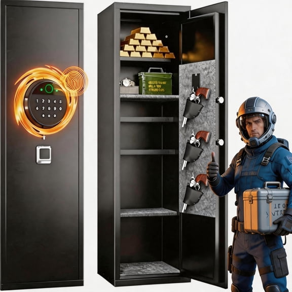 Large Capacity Gun Safe, Biometric Rifle Safe for 8-12 Guns, Heat-Resistant Sturdy Construction, Tool-Free Assembly & Removable Shelves (57.09×13.7×11.81 inch)