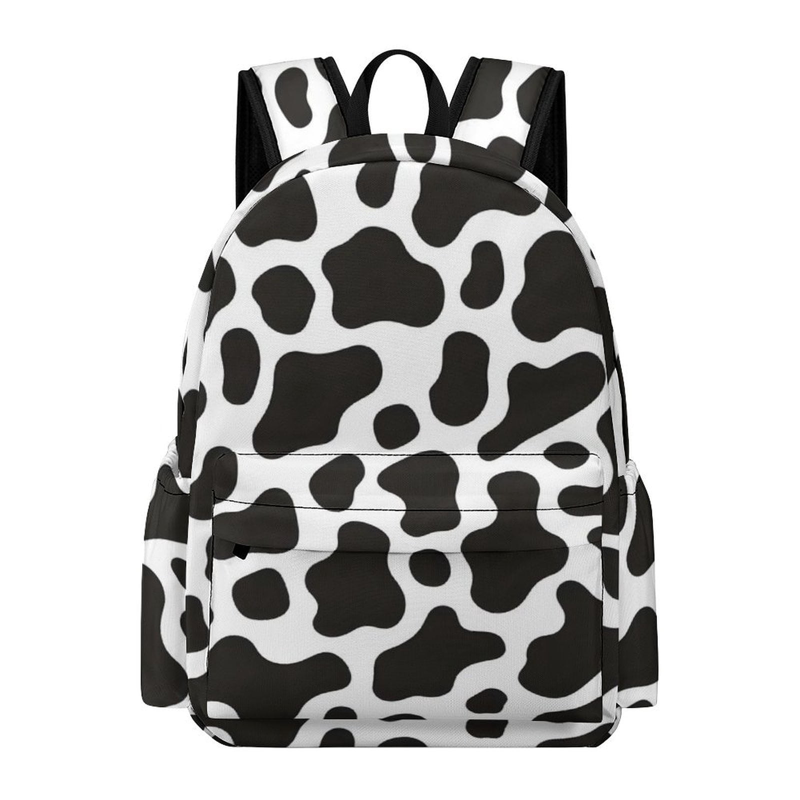 Large Capacity Half Print Backpack 11.8×16.5×5.9in Multifunctional Zipper Design Convenient Switch Black White Cow Print