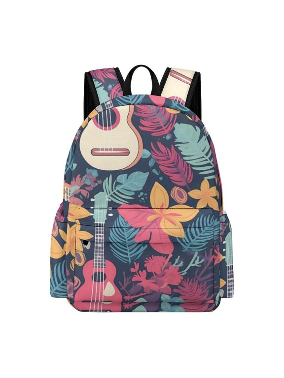 Large Capacity Half Print Backpack 11.816.55.9in Multifunctional Zipper Design Convenient Switch Guitar And Tropical Leaves