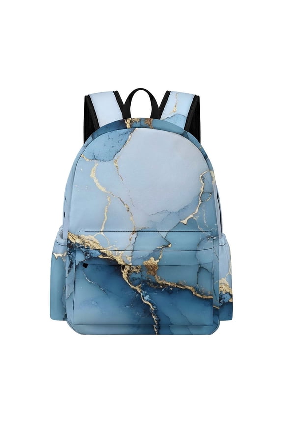 Large Capacity Half Print Backpack 11.816.55.9in Multifunctional Zipper Design Convenient Switch Light Blue And Gold Marble