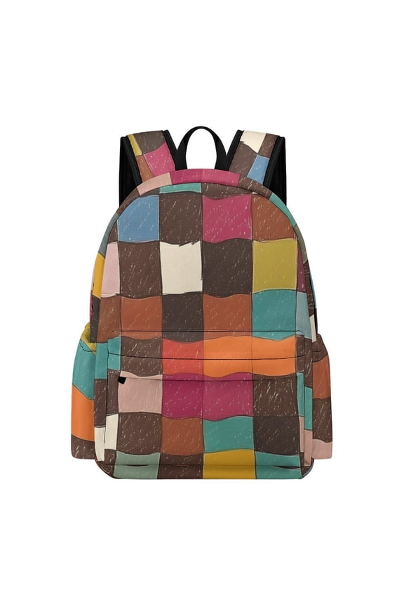 Large Capacity Half Print Backpack 11.816.55.9in Multifunctional Zipper Design Convenient Switch SaddleBrown Colorful Houndstooth Hand-drawn Sketch_4