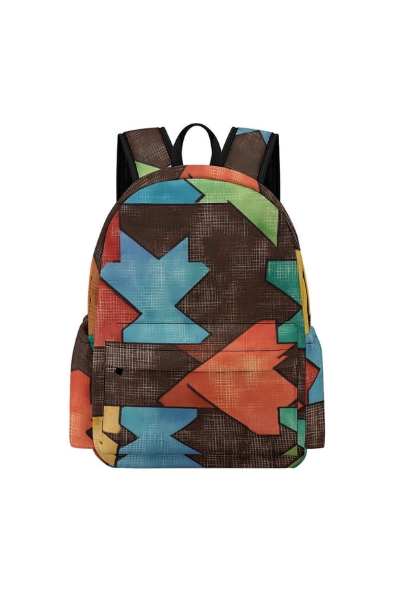 Large Capacity Half Print Backpack 11.816.55.9in Multifunctional Zipper Design Convenient Switch SaddleBrown Colorful Houndstooth Hand-drawn Sketch_3