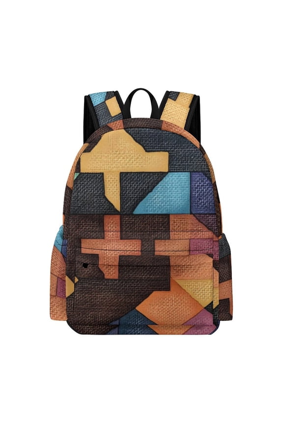 Large Capacity Half Print Backpack 11.816.55.9in Multifunctional Zipper Design Convenient Switch SaddleBrown Colorful Houndstooth Hand-drawn Sketch_1