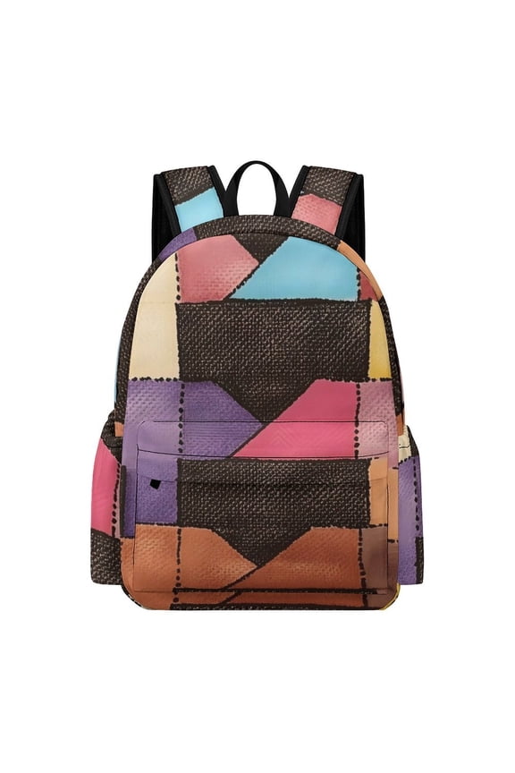 Large Capacity Half Print Backpack 11.816.55.9in Multifunctional Zipper Design Convenient Switch SaddleBrown Colorful Houndstooth Hand-drawn Sketch_2