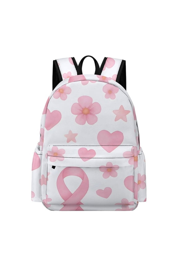 Large Capacity Half Print Backpack 11.816.55.9in Multifunctional Zipper Design Convenient Switch Watercolor Pink Ribbon Pattern with Hearts And Stars