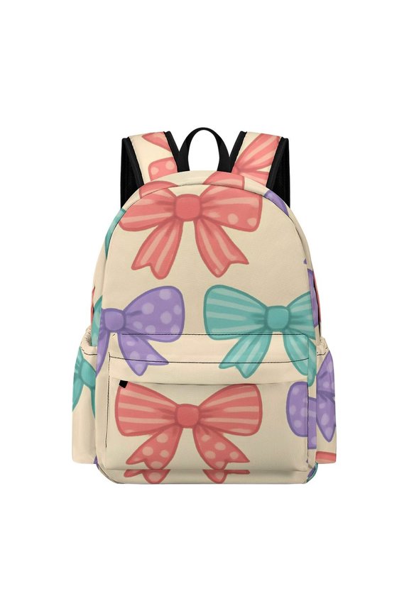 Large Capacity Half Print Backpack 11.816.55.9in Multifunctional Zipper Design Convenient Switch Whimsical Polka Dot And Striped Ribbon Bow Pattern
