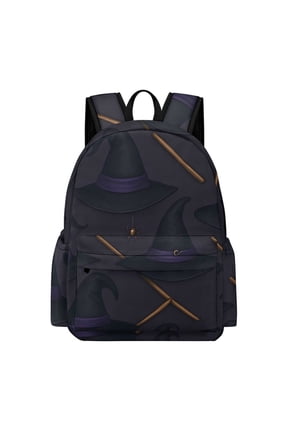 Large Capacity Half Print Backpack 11.816.55.9in Multifunctional Zipper Design Convenient Switch Witch Hat And Broomstick Halloween Pattern