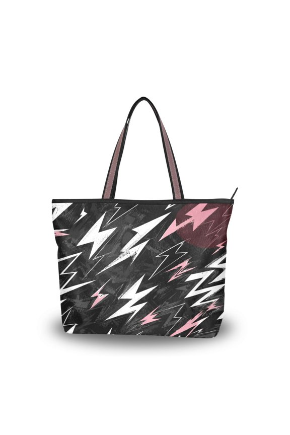 Large Capacity Handbag Lightweight Reusable Shopping Bag with Zipper Closure Abstract Lightning Symbol Size M