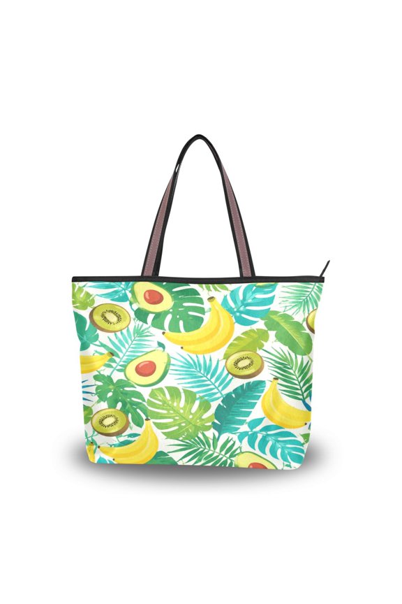Large Capacity Handbag Lightweight Reusable Shopping Bag with Zipper Closure Tropical Fruit Pattern Size L