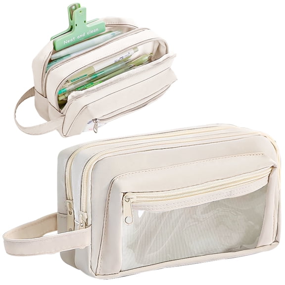 Pencil Pouch Large Capacity Pencil Case Office Stationery Organizer Beige