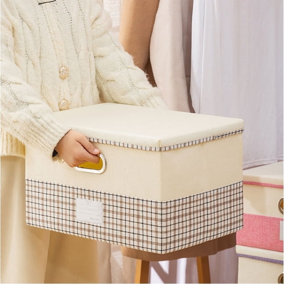 Large Capacity Handheld Storage Box with Linen Lattice Checkered Design for Clothes Quilt Toy Organizer - Portable Closet Organizer Bin with Handle for Home Bedroom Living Room