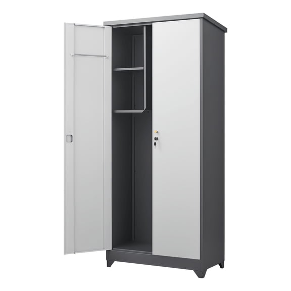 Large Capacity Heavy-Duty Water-Resistant Outdoor Metal Storage Cabinet with Lockable Door, Integrated Top Broom Closet, and Two Shelves for Patio, Garden, and Backyard Organization
