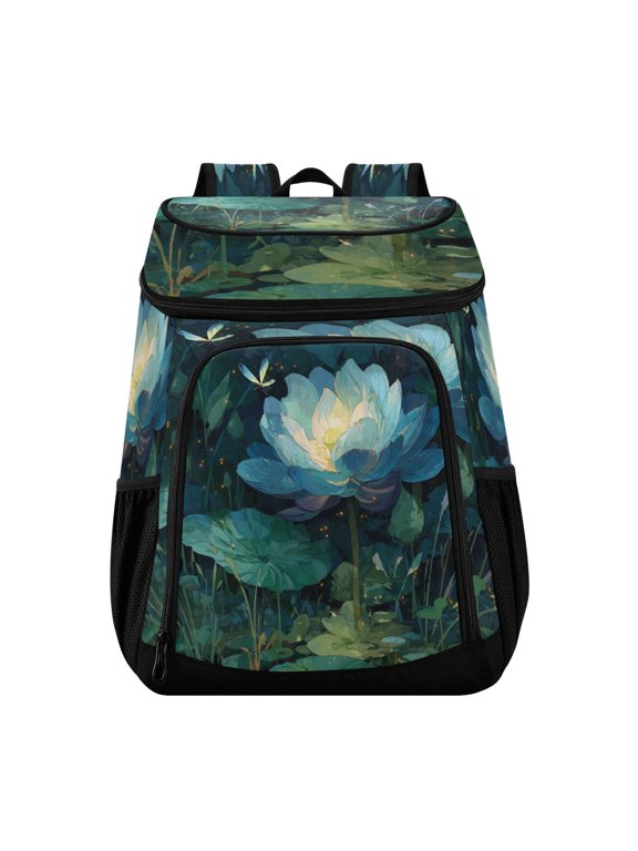 Large Capacity Insulated Cooler Backpack Waterproof Thick Thermal Lunch Bag for Picnic Camping Hiking Beach Travel Blue Lotus Flower Float