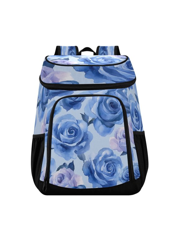Large Capacity Insulated Cooler Backpack Waterproof Thick Thermal Lunch Bag for Picnic Camping Hiking Beach Travel Blue Roses Seamless
