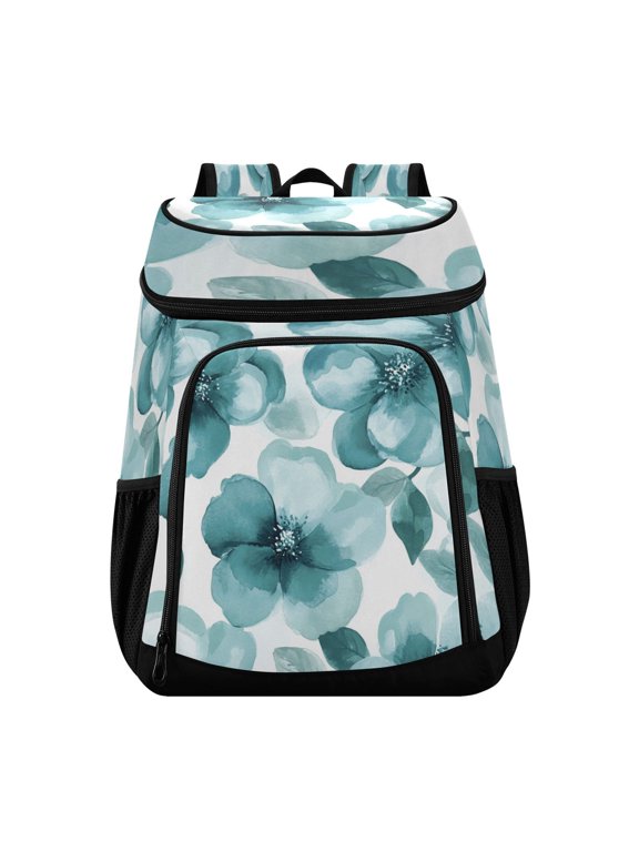 Large Capacity Insulated Cooler Backpack Waterproof Thick Thermal Lunch Bag for Picnic Camping Hiking Beach Travel Cartoon Turquoise Flowers Seamless