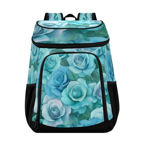 Large Capacity Insulated Cooler Backpack Waterproof Thick Thermal Lunch Bag for Picnic Camping Hiking Beach Travel Cartoon Turquoise Roses