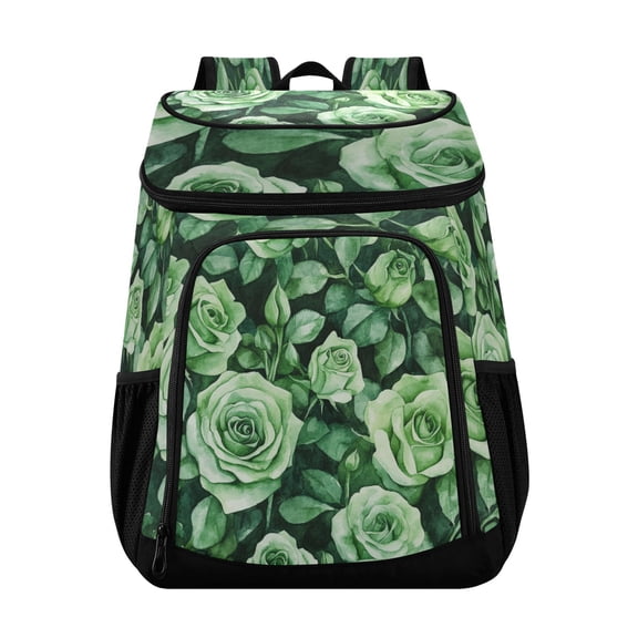 Large Capacity Insulated Cooler Backpack Waterproof Thick Thermal Lunch Bag for Picnic Camping Hiking Beach Travel Green Roses Seamless