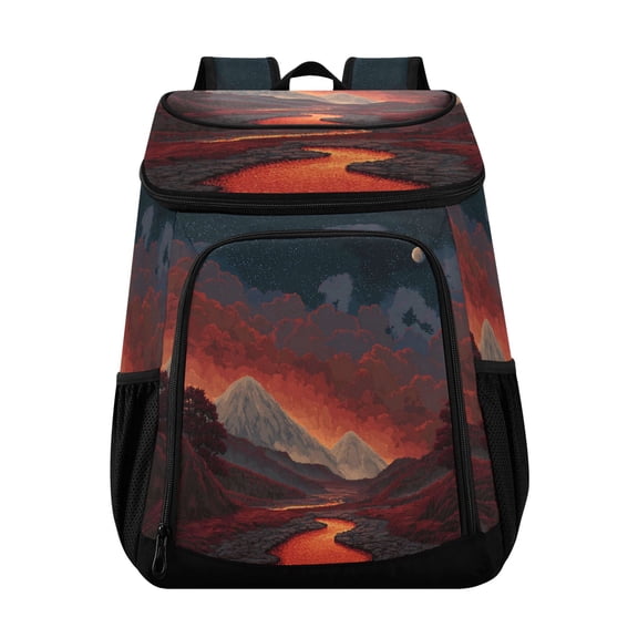 Large Capacity Insulated Cooler Backpack Waterproof Thick Thermal Lunch Bag for Picnic Camping Hiking Beach Travel Red Lava Pixel Mountain