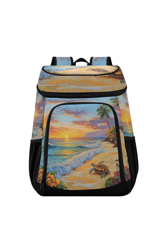 Large Capacity Insulated Cooler Backpack Waterproof Thick Thermal Lunch Bag for Picnic Camping Hiking Beach Travel Sunset Turtle