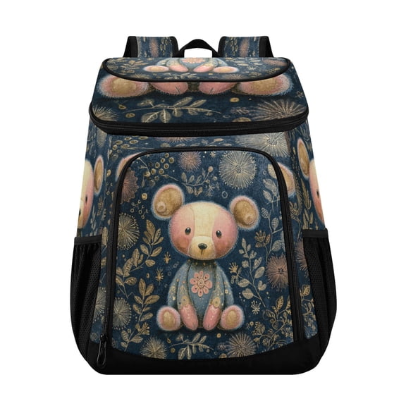 Large Capacity Insulated Cooler Backpack Waterproof Thick Thermal Lunch Bag for Picnic Camping Hiking Beach Travel Teddy Bear Pastel Style