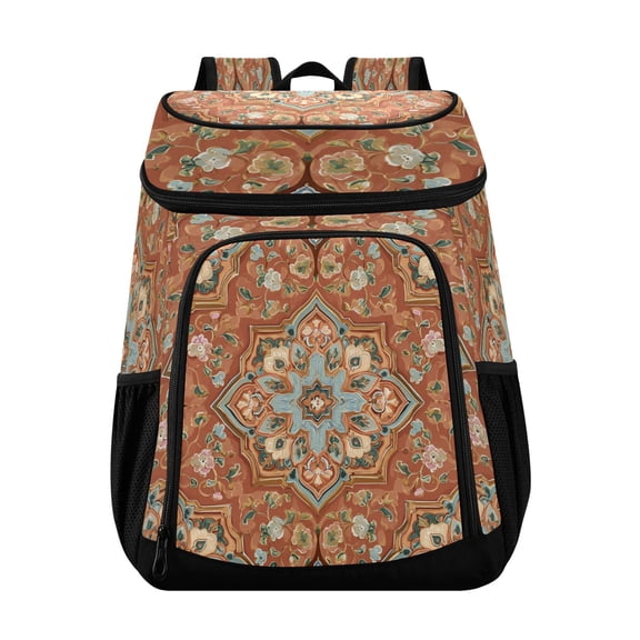Large Capacity Insulated Cooler Backpack Waterproof Thick Thermal Lunch Bag for Picnic Camping Hiking Beach Travel Terracotta Arabesque Peach Tones