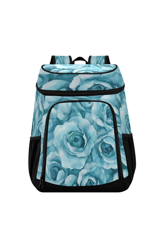 Large Capacity Insulated Cooler Backpack Waterproof Thick Thermal Lunch Bag for Picnic Camping Hiking Beach Travel Turquoise Roses Seamless