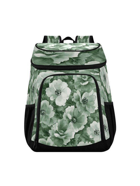 Large Capacity Insulated Cooler Backpack Waterproof Thick Thermal Lunch Bag for Picnic Camping Hiking Beach Travel Vibrant Green Flowers