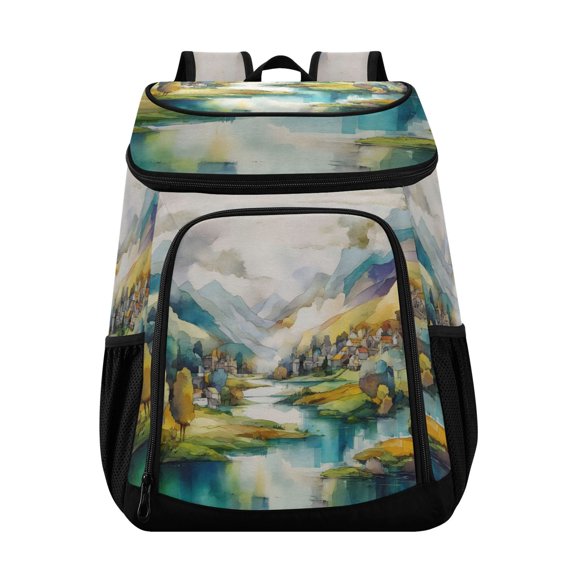 Large Capacity Insulated Cooler Backpack Waterproof Thick Thermal Lunch Bag for Picnic Camping Hiking Beach Travel Watercolor Mountain