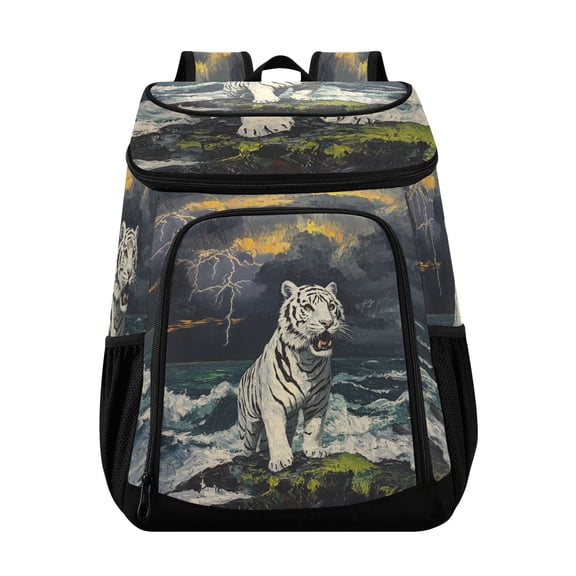 Large Capacity Insulated Cooler Backpack Waterproof Thick Thermal Lunch Bag for Picnic Camping Hiking Beach Travel White Tiger
