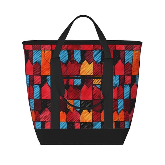 Large Capacity Insulated Tote Bag16.1×13.4×7.5in Thermal Insulation And Easy To Clean Strong Bearing Capacity Can Be Reused Red Colorful Houndstooth Hand-Drawn Sketch_1