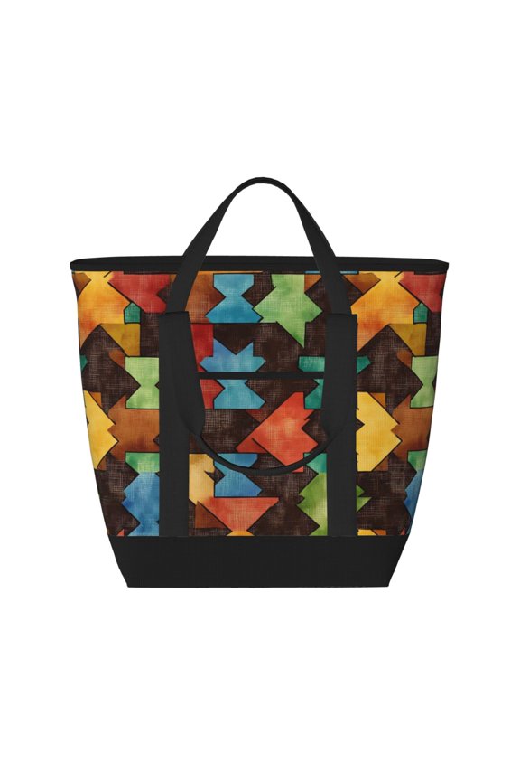 Large Capacity Insulated Tote Bag16.113.47.5in Thermal Insulation And Easy To Clean Strong Bearing Capacity Can Be Reused Saddlebrown Colorful Houndstooth Hand-Drawn Sketch_3