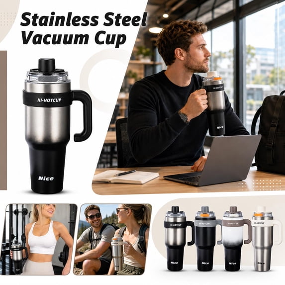 Large Capacity Insulated Travel Drinkware, Stainless Steel Tumbler with Straw, Insulated Tumbler with Straw, Travel Coffee Mug with Handle, 1200Ml 40Oz 12X4X3 in Leakproof