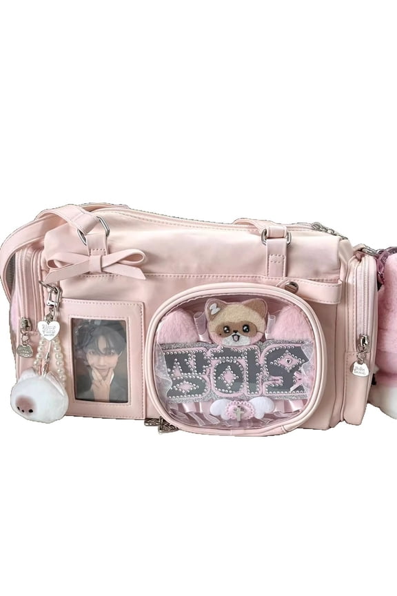 Large Capacity Ita Tote Bag with Clear Display Window for Women and Girls, JK Style Commuter Shoulder Crossbody Handbag with Bow and Stitching Detail in Pink Blue White for Daily Use