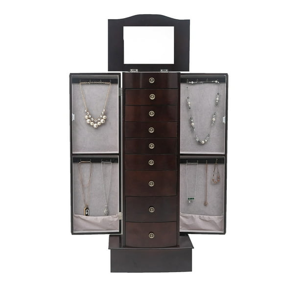 Large Capacity Jewelry Cabinet Box Organizer, Wood Necklace Storage Chest with Flip-up Adjustable Mirror, Jewelry Armoire Organizer with 8 Drawers and 2 Side Doors for Women and Girls