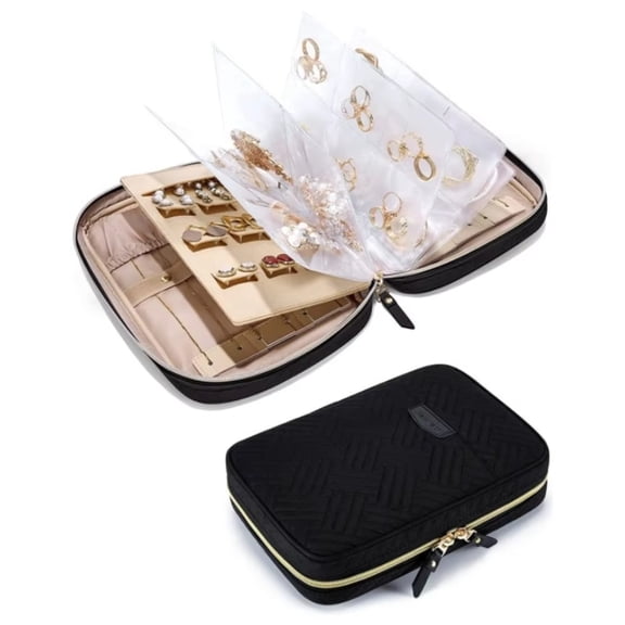 Large Capacity Jewelry Travel Case with Binder Rings, Portable Jewelry Organizer with Clear Zipper Pouches for Necklaces and Rings,Black
