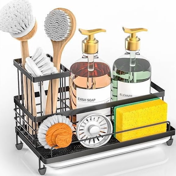 Large Capacity Kitchen Sink Caddy Organizer, Rustproof Non-Slip Sponge Holder With Dish Brush Holder Organizer, Kitchen Organization and Storage, Essentials Accessories for Countertop