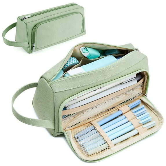 Large Capacity Large Pouch Canvas Double Zipper Pencil Cases, Green