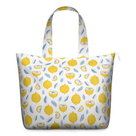 Large Capacity Lemon Print Tote Bag - Vintage Floral Summer Travel Bag with Zipper Closure & Interior Pockets
