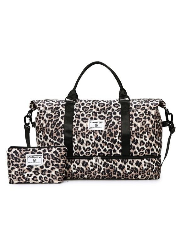 Large Capacity Leopard Print Travel Duffel Bag +Small Storage Pouch , Sports Gym Bag with Independent Shoe Compartment, Carry On Overnight Weekender Bag, Ideal for Outdoor Travel, Fitness and Camping