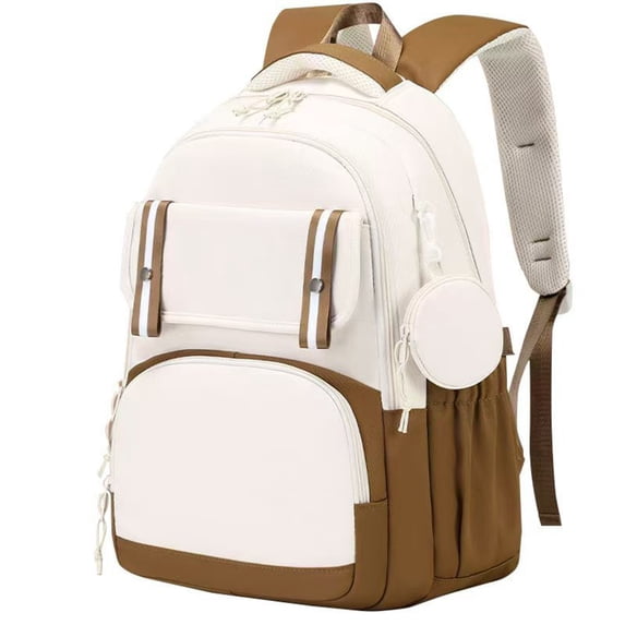 Large‑Capacity Lightweight Water Resistant Student Backpack, College Bookbag with Air‑Permeable Padded Shoulder Straps Plus Coin Purse Khaki