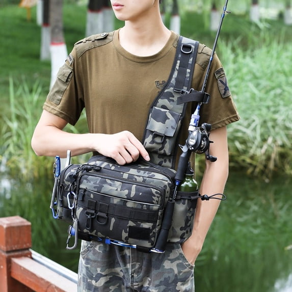 Large Capacity Lure Fishing Tackle Bag – Multi-Functional Tactical Waist Pack with Rod Holder, Crossbody Design for Bass, Spin, Fly & Saltwater Fishing Gear Storage