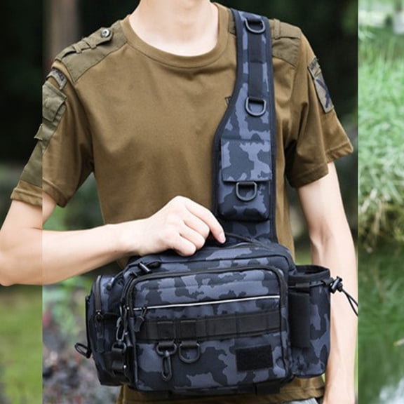 Large Capacity Lure Fishing Tackle Bag – Multi-Functional Tactical Waist Pack with Rod Holder, Crossbody Design for Bass, Spin, Fly & Saltwater Fishing Gear Storage