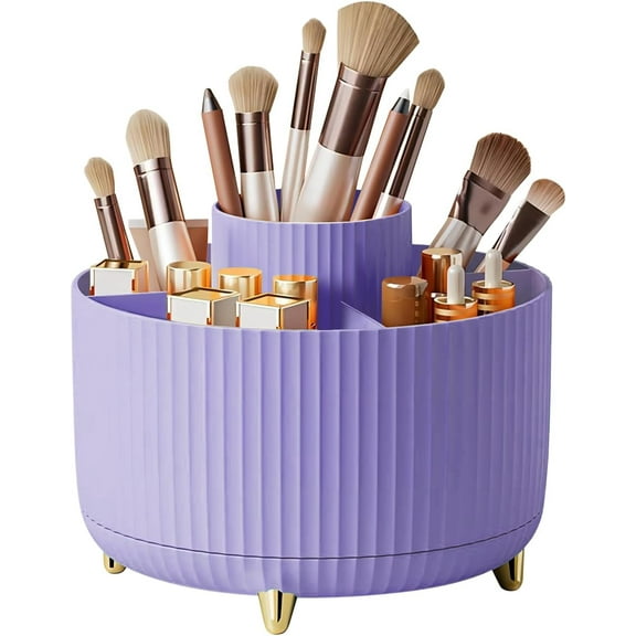 Large Capacity Makeup Brush Holder,360° Rotating Makeup Organizer,5 Slot Makeup Brushes Cup,for Vanity Decor,Bathroom Countertops,Desk Storage Container,Cosmetic Display cases(Purple)