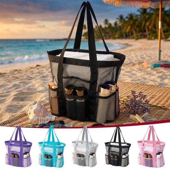 Large Capacity Mesh Beach Bag for Women, Multi-Pocket Beach Tote Bag, Pool Bag with Inner Liner Quick Dry for Camping Family Vacation Travel