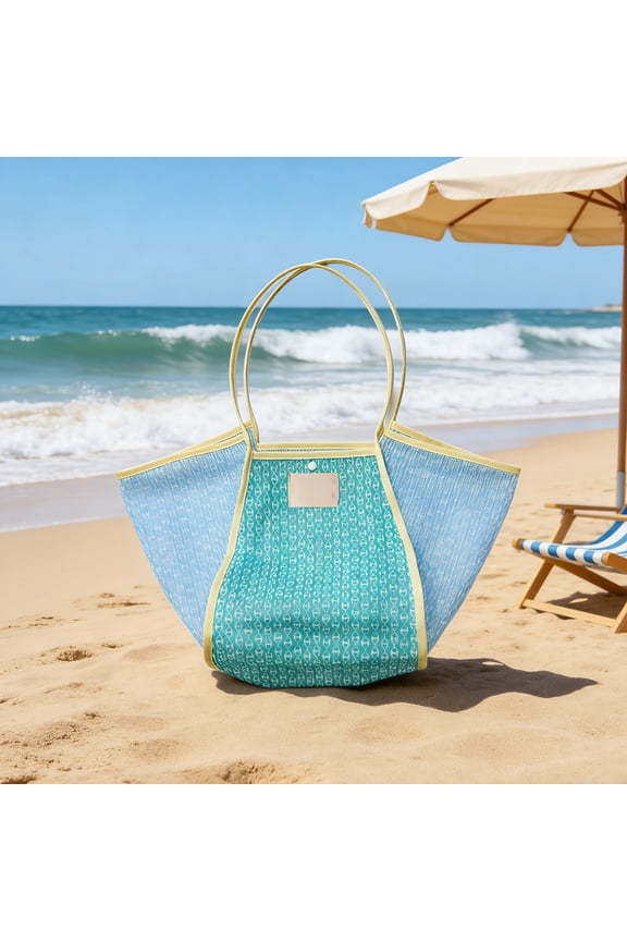 Large Capacity Mesh Beach Tote Bag Color Block Shoulder Bag Breathable Openwork Drainage Shopping Travel Storage Organizer Lightweight Foldable Summer Pool Picnic Carry Bag Durable Polyester